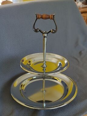 Kromex Metal 2-tier Cake Stand. Wooden Handle